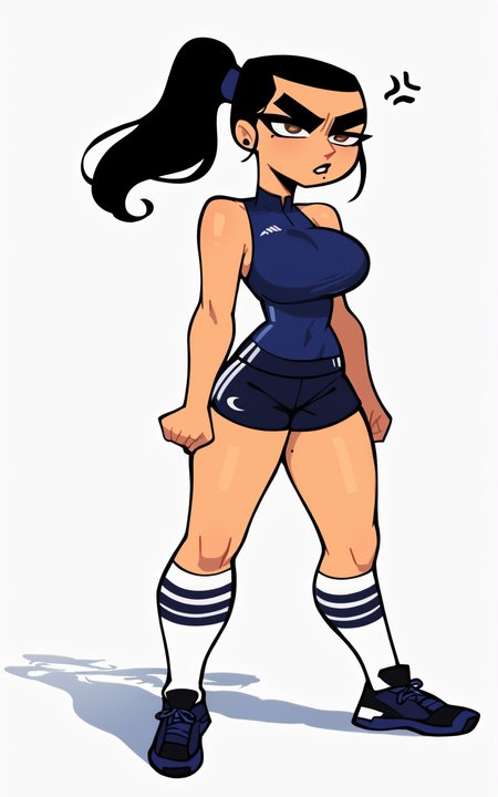 score_9, score_8_up, score_7_up,((best quality)), absurdres,((full body)),  <lora:3d-2d:0.8>, <lora:EvaPXL:0.8>,EvaPXL,ponytail, black hair, mole under mouth, mole, brown eyes, breasts,large breast, unibrow, thick eyebrows,shorts, sportswear, socks, white socks, sleeveless, kneehighs, blue shorts, black footwear,white background,slim,blue clothes,standing,solo,annoyed