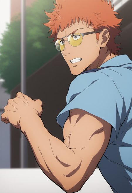 1boys, tetsutotsumura_summertime, stubble,orange hair, short hair, stubble, gray eyes, police uniform, tight blue shirt, sunglass, ((veiny arms)), score_8_up, score_7_up, score_6_up, score_9,manly, muscular, middle-age man, a man in street, modern, shop, streetlamp, centered, face_focus, detailed eyes, 8k uhd, high quality, anime color, side view, running, dynamic angle