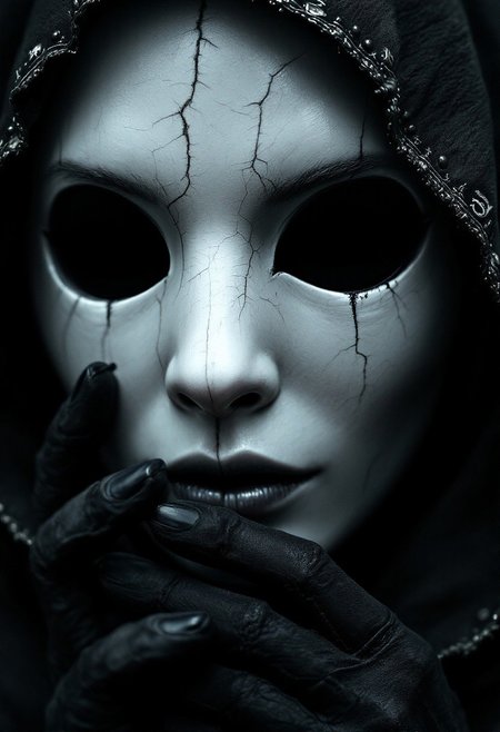 A cinematic close-up captures a faceless woman, deep in shadow. The camera peers through one of the mask's eyeholes, revealing the sharp, dark silhouette of the head of the shapeless, ghostly figure. Her face is a void—an endless, smooth, pitch-black nothingness where her features should be. Her hood has fallen back, revealing a bald, perfectly smooth scalp that gleams faintly in the dim light like polished obsidian. The ancient hood, once covering her, now hangs limp over her shoulders, its tattered fabric stitched with silver runes that flicker faintly like dying embers, nearly lost in the surrounding darkness.
In her gloved hands, worn velvet clings to trembling fingers as she holds a porcelain mask—pale and cold, grotesque in its simplicity, shaped like a rabbit's face. The eerie smile is stretched unnaturally wide, too far, its eyes hollow and lifeless, staring into empty space. Cracks run along its cheeks like dried riverbeds, and the long ears—elongated and impossibly thin—stretch outward, standing out against the deep shadows. They twitch, almost alive in the stillness, their forms exaggerated in their height and delicacy, piercing the darkness like unsettling tendrils of bone.
The camera focuses entirely on the mask, emphasizing the elongated, delicate ears, which loom large in the composition. Only sharp slivers of sickly blue light outline the mask’s edge, the hollow where her face should be, and the eerie, towering ears that seem to reach toward the unknown.
