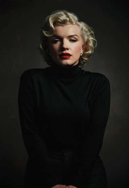 minimal moody closeup portrait of Marylin Monroe wearing a black turtleneck sweater emerging from the shadows