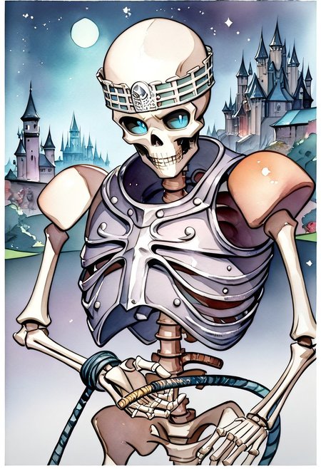 (((anatomical hands))),  skeleton with knight armor standing with a long sword, blue eyes,  score_9, score_8_up, score_7_up, score_6_up, score_5_up, score_4_up,  ((skeleton)), black rusty armor, (((jeweled headband))), stylized brown breastplate, (((whip))), steel sword, ((((whip with handle)))), ((single sword in hand)), ((action pose)), (((((single pauldron))))), metal wristbands, (((((bald))))), ((((castle background)))), bright moon, dark cloudy skies, blu glowing eyes, black sclera, empty eyes, (watercolor painting:2), night, ((spooky backdrop)),, spooky castle behind, bats flying, bones with fissures