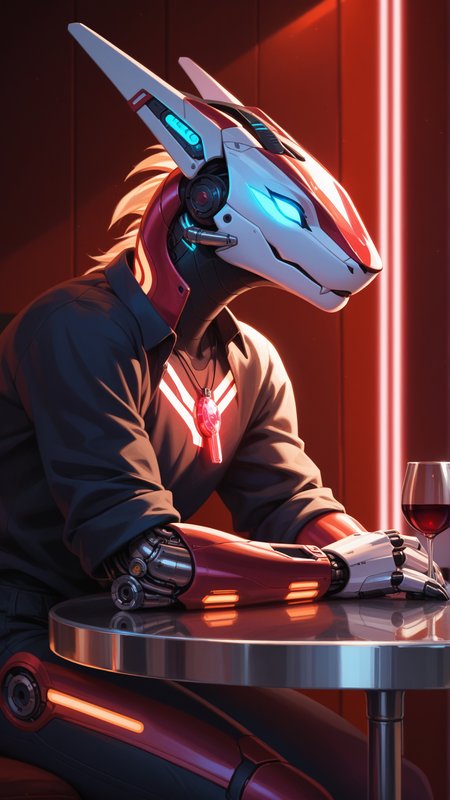 score_9, score_8_up, score_7_up, score_6_up, score_5_up, source_furry
closed eyes
1girl, solo, cyborg furry, glowing panels, chrome limbs, mechanical body, furry tail, glowing circuits, sleek design
futuristic long-sleeve shirt, glowing panels, chrome finish, digital design
futuristic pants, glowing lines, chrome finish, sleek design
softly glowing pendant light over a dining table, with a single plate and a glass of wine
