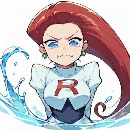 score_9,score_8_up,score_7_up,score_6_up,score_5_up,score_4_up, white background, solo, 1girl, aquacrying, wavy mouth, closed mouth, tearing up, EPpkJessie, long hair, blue eyes, red hair, hair slicked back, water splash, flying ribbons, face focus,