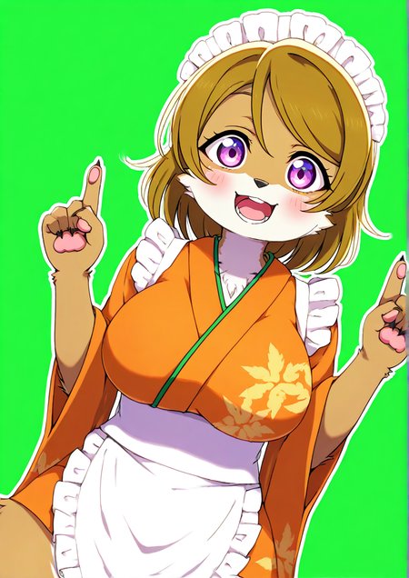 <lora:ã¤ãtsu_ji:1>,1girl, koizumi hanayo, huge breasts, wide hips, furry, furry female, love live!, love live! school idol project, apron, brown hair, dutch angle, frilled apron, frills, green background, hair between eyes, index finger raised, japanese clothes, kimono, leaf print, looking at viewer, lower teeth only, maid, maid apron, maid headdress, open mouth, orange kimono, outline, purple eyes, short hair, solo, teeth, wa maid, white outline, 
animated, dynamic angle,very awa, masterpiece, best quality, highres, absurdes,amazing quality,very aesthetic,intricate details,detailed background, <lora:hand 5.5:1>