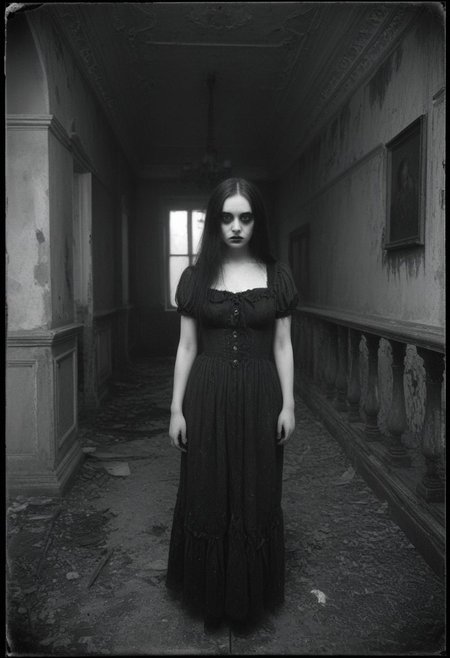 creepy, vintage, monochrome, 1girl, pale_skin, dark_eyes, tattered_dress, standing_in_abandoned_mansion, foggy, grainy, horror, gothic, old_photo, masterpiece, spooky,