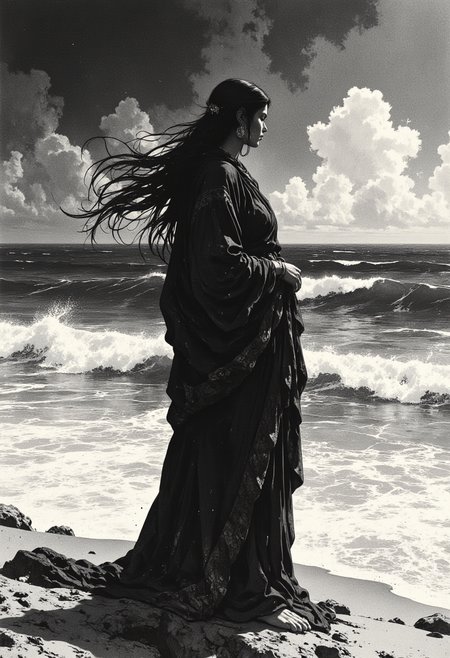 character art by Modern Disney, Atey Ghailan and Classic Disney, Animation, In a surreal and mesmerizing scene, an ancient Indian woman dressed in traditional yet elegant attire stands alone on the desolate beach. Her long, flowing hair flows gracefully in the wind, contrasting against the grayscale tones. ,  sophisticated style,  imaginative and whimsical compositions, Elizabethan portraiture, Academic painting, Afrofuturism,  drip painting, art deco,  quiet introspection,  ethereal atmospheres,  black and white contrasts,  sensitive portrayals,  dramatic, radiant, elegant, excellent composition, dynamic dramatic beautiful full taking, glowing, vivid colors, <lora:models\Flux\FluxMythP0rtr4itStyle:0.48> mythp0rt, <lora:models\Flux\CPA:0.35>, <lora:models\Flux\Mezzotint_Artstyle_for_Flux_-_by_Ethanar:0.55>, <lora:models\Flux\RetroAnimeFluxV1:0.55>, <lora:models\Flux\Ink_Marbling_Portraits:0.45>,,