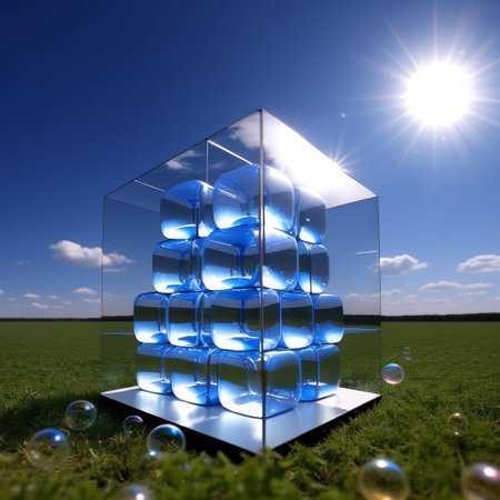 cubes in a hyper-real early 1990s computer graphic format sitting in a field they are made out of translucent bubbles