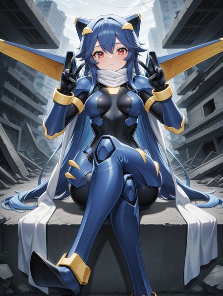 junk warrior,1girl,solo,red eyes,blue hair,looking at viewer,crossed legs,medium breasts,science fiction,white scarf,personification,genderswap \(mtf\),mecha musume,blue armor,blue armored gloves,blue armored thigh boots,mechanical wings,brass knuckles,black bodysuit, sitting, ruins, double v, very long hair, 
masterpiece,best quality,amazing quality,very aesthetic,absurdres,newest,<lora:Junk Warrior illuXL v1:0.82>,