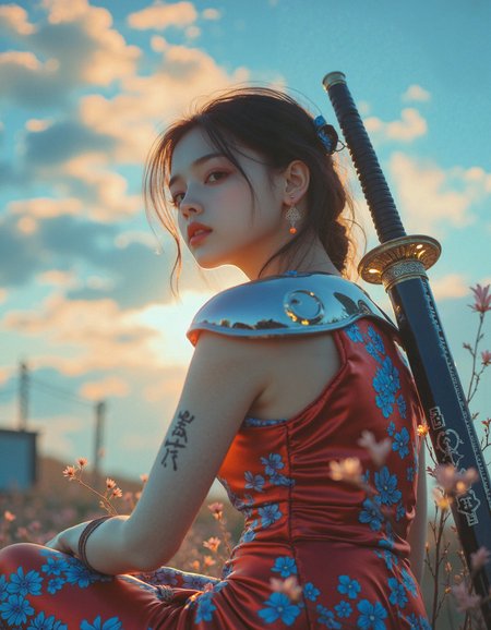 hyper-realisitic, hyper-detailed, detailed foreground,  RAW photo, detailed clothing, detailed lighting,  Low-angle perspective, her metallic right knee slightly raised, arms resting against it, shoulders squared confidently, neck elongated with chin tilted downward in regal poise, expression neutral yet piercing.  Set beneath a sky swirling with luminous nacreous clouds and scattered solar pulses, her synthetic armor reflects fractured sunlight like liquid steel. The backdrop is impossibly alive — sky and machine bleed into each other. Her crimson cheongsam hugs her synthetic frame, patterned in royal blue chrysanthemums, which shimmer subtly with each shift of light. The sleeveless cut reveals full cyborg arms: one sleek and polished, the other layered with tattoo-like circuit glyphs glowing faintly.  On her back, a katana with blackened edge and etched runes rises like a totem, locked into a reinforced spine port. Thin fiber wires lead from her shoulder to a distant power pole, barely visible above. Her glowing earrings sway faintly in a wind you can’t feel, casting tiny flares of red across her collarbone.  Lighting: Dramatic vertical sunlight with iridescent color bounces from the sky, highlighting chromatic steel and cheekbones. Environment: Heaven-machine hybrid vista, a dreamlike atmosphere fused with electric cables overhead, power boxes quietly humming. Mood: Stilled voltage, a goddess of the artificial heavens resting before ignition. <lora:MoriiMee_Gothic_Niji_Style_FLUX:0.3500000000000001> <lora:AsirAsianPhotographyflux:0.7000000000000002>