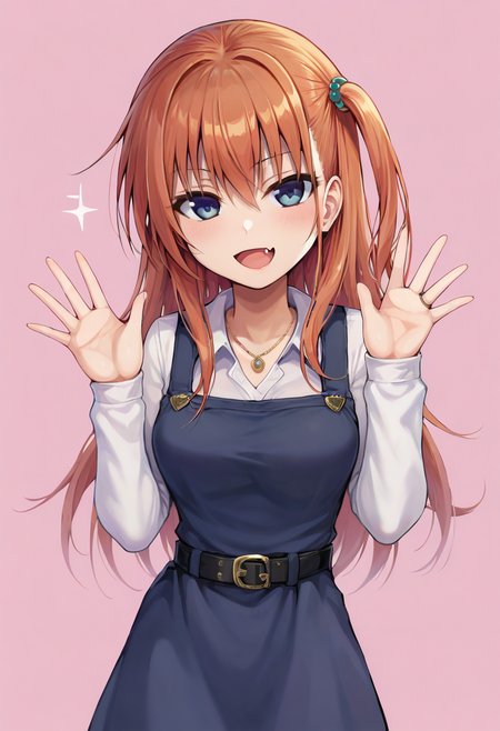 score_9, score_7_up,  1girl, 
sweater, red sweater, looking at viewer, sleeveless dress, necklace, open mouth, sleeveless, smile, solo, hands up, two-tone background, belt, long sleeves, blush, dress, shirt, :d, red hair, fang, cowboy shot, one side up, pinafore dress, jewelry, standing, hair ornament, hair between eyes, long hair, breasts, orange hair, pink background, white shirt, purple dress, gem, w arms
 <lora:40010prototype-Style-PonyXL-DoRA-000041:1>