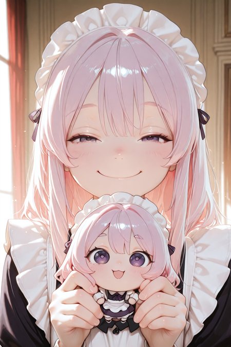 embedding:lazypos,

2girls, CivChan, purple eyes, you can just give this kind of thing to men and they will be thrilled (meme), happy, holding chibi CivChan