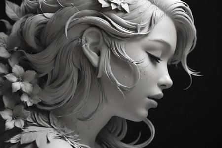 <lora:3DPrintingXL:1>,
masterpiece,(best quality),
official art,extremely detailed cg 8k wallpaper,
((crystalstexture skin)),(extremely delicate and beautiful),highly detailed,
WhiteMold,art style,3d printed mold,1girl,solo,monochrome,greyscale,realistic,profile,closed eyes,black background,simple background,lips,hair ornament,flower,