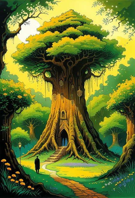 <lora:kallmekris:0.5> kallmekris mixed with <lora:esme_sdxl:0.5> esme , fantasy, fantasy art, A mystical forest filled with ancient trees, glowing flowers, and ethereal creatures like fairies and talking animals. animals, fairies, magical creatures, fantastic beasts,  The atmosphere is both enchanting and eerie, with shadows of lurking dangers. In the center, a majestic tree with golden leaves serves as a gateway to different realms. Bengali landscape, Indian landscape,, i oil painting, palette knife soft brushstrokes, heavy strokes, dripping paint, art station on trend, sharp focus, intricate details, highly detailed ,art by enki bilal, art by philippe druillet, art by moebius, inspired by french comics art ,art by Jakub Rozalski,