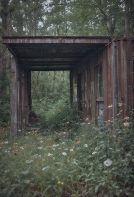 (masterpiece, 4k, medium format photo, bokeh, natural film grain) In the heart of the desolate metropolis, where towering structures of rusted steel and shattered glass stood as monuments to a forgotten era, a shipping container modernist house, beautiful interior nestled in the woods, The air was thick with life and awe, verdant nature, yet within the cottage, the hearth crackled with warmth, casting flickering shadows on the  walls. The garden, a riot of wildflowers and vines enchant viewers, swirly bokeh
