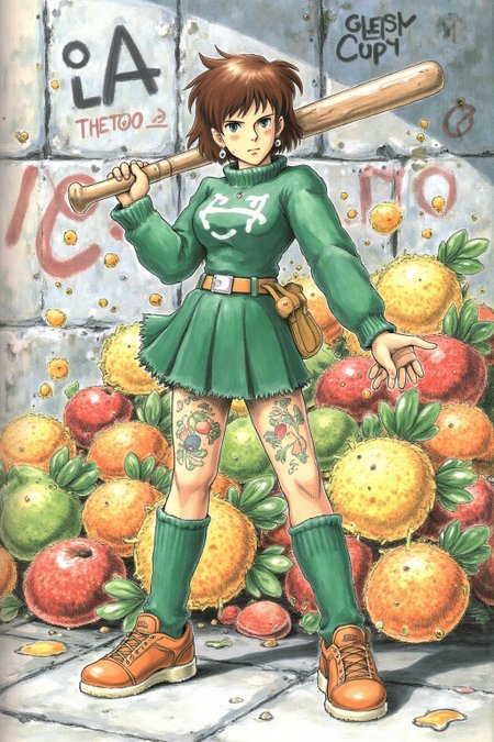 miyaha1 manga illustration 
liquid splash, cartoonish juicy fruits chaos, dynamic pose, dynamic camera, a fashion shoot, an illustration of a woman threateningly holding a baseball bat in her hands, full body tattoo, wearing green short sweater, miniskirt, knee socks, orange sneakers, aggressive facial expression, wall with graffiti in the background. 
  <lora:miyaha1_cap_d6a3e12:0.9><lora:818072428426067539:0>