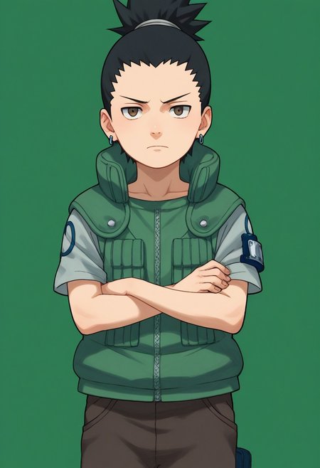 score_9, score_8_up, score_7_up, highly detailed, cute boy, 1boy, solo, young, Shikamaru_Nara, Brown Eyes, Black Hair, Ponytail, Earrings, Flak Jacket, vest, Armband, Brown Pants, Arms crossed,