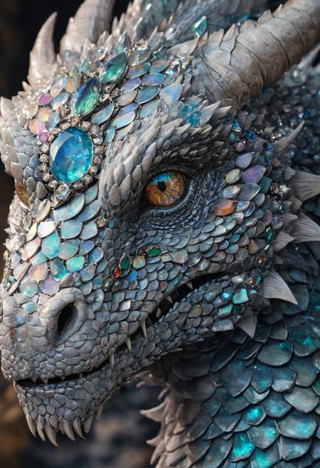 A beautiful portrait photograph of a dragon with diamond and gemstone scales, opal eyes, cinematic, gem, diamond, crystal, fantasy art, hyperdetailed photograph, shiny scales, 8k resolution,