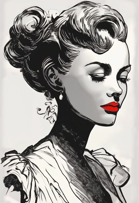head and shoulders black and white silhouette of a tall and haughty modern Gibson Girl looking down her nose and curling her lip at the viewer, her elegant fitted cocktail dress is high necked and very tightly corseted with large gigot sleeves. red lips, medium breasts, long and wavy and elaborately styled hair, high cheekbones, perfect proportions, descending a grand staircase, moody atmosphere