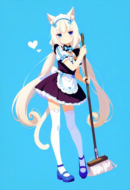 masterpiece,best quality,amazing quality, solo, Vanilla_(nekopara),Nekopara_Vanilla, maid, long hair, cat ears, blue eyes, waist apron, short sleeves, very long hair, jingle bell, puffy short sleeves, twintails, bell, blue footwear, name tag, cat ear legwear, cute pose, holding mop,simple background, blue background,love symbol,haiz_ai, no lineart,no outline, <lora:ponyv6_noobE11_2_adamW-000017:0.3> <lora:MeMaXL4:0.8> <lora:veluflora-wai:0.4> <lora:haiz_ai_illu:0.7>