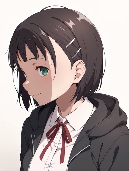 masterpiece,best quality,newest,1girl,solo,
<lora:p_suguha_v1.0:1>,p_sugu,hairclip,green eyes,
<lora:Fixhands_anime_bdsqlsz_V1:1>,simple_background,white background,looking_at_viewer,upper_body,face_focus,jacket with black hood,blouse,red ribbon tie,standing,hood down,front view,embarrass,smile,profile,