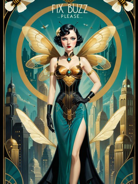 oil on canvas, 1920s art deco poster, (text:"FIX BUZZ, PLEASE":1.1), famous artwork inspired (erte:1.1) and (metropolis:1.1) and (bioshock:1.1), a stunningly beautiful woman in a luxurious honey bee-themed gown with a retrofuturistic cityscape in the background, (teal:1.3), (black:1.2), (gold:1.2), (beige:1.1), bee wings, fairy wings, <lora:add-detail-xl:1.4> <lora:more_artful-xl:0.6> <lora:art_deco_posters-xl-by_wolfsystems:0.6>