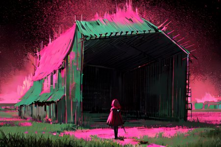 (otherworldly), highly insanely detailed, masterpiece, top quality, best quality, highres, 4k, 8k, RAW photo, (very aesthetic, beautiful and aesthetic), farm, fields, barn, fence, fantfa, <lora:FantasyFarm-10:0.6>, 
1girl, 
(black hair,crimson hair ), 
(neon pink background,neon red background ,neon color,gradient background,solid color,solid color background),âââ