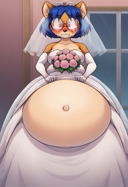score_9, score_8_up, score_7_up, BREAK, 1girl, digital art, fbfng, anthro, fpx, blue hair, (belly:1.5), round glasses, huge beasts, looking at viewer, blush, seductive look, crying, bride, wedding dress, bridal veil, strapless dress, elbow gloves, holding bouquet