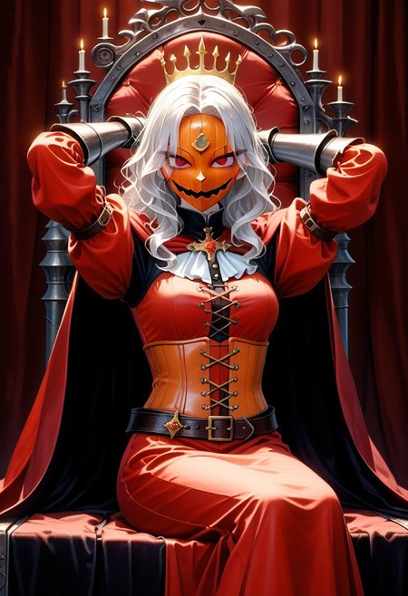 (masterpiece, best quality, absurdness, 4k, aesthetic, detailed, intricate, perfect lighting) cinematic angle, 1sologirl, sitting on throne, elbow rest, castle interior, cape, TWIN belt, armor, cloak, red gloves gauntlets, bkcrown, red eyes, white haired anime girl, with wavy hair, pale skin, On her face she had a pumpkin mask, orange porcelain pumpkin mask, full mask cover face, dressed in a medieval corset, with black medieval clothing, anime style. Conjure up some magic capturing the Halloween spirit.  Arms behind head, strong body, abs.