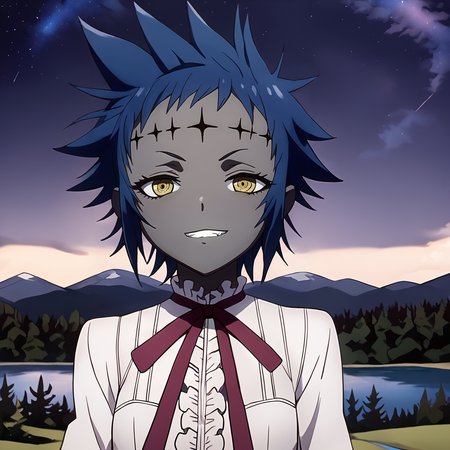 sharp focus, pixiv masterpiece, intricate details,  expressionless, source_anime,  score_9_up, score_8_up, score_7_up, score_9, looking at viewer, 
, highres,, 1girl,solo, remarkable, absurd res, forest,   <lora:roadkamelot_PonyXL_0.3:1>, noahroad, neck_ribbon, white blouse, eyelashes, lake, pine trees, evil grin, grey_skin, forehead_crosses,  starry sky, night, headshot, (close-up:1.1), dark blue hair, face