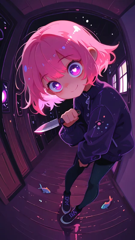 masterpiece, best quality, good quality, newest, highres, absurdres,  vivid colors, flat color, 2D, strong lines, Pop Art, no lineart,no outline,  1girl, solo, CivChan, pink hair, purple eyes, heart-shaped pupils, vibrant and expressive, full body, wicked sinister smile with head tilt, one hand clutching a reflective kitchen knife, fine fabric emphasis, striking glowing and detailed eyes, (right eye focus), one eye raised, viewed from side and above, wide angle, (peephole frame), (fisheye, fish eye:1.2), (psycho, obsessive, mentally insane), dynamic angle, dynamic pose, (leaning slightly forwards), aggressive threatening pose, tense and horror-filled, indoors, hotel hallway with dark, dim lighting, high contrast, chiaroscuro, dynamic and ambient lighting, close up, vanripper <lora:TQ_Iridescent_Fantasy_Creations:0.8> <lora:MJ52:0.5> <lora:xl_more_art-full_v1:1> <lora:114558v4df2fsdf5:1>  <lora:illustrious_very_aesthetic_v1:0.5> <lora:XXX477:0.2>  <lora:sowasowart_style:0.3>   <lora:illustrious_flat_color_v2:0.6>  <lora:haiz_ai_illu:0.7>  <lora:checkpoint-e18_s306:0.75>