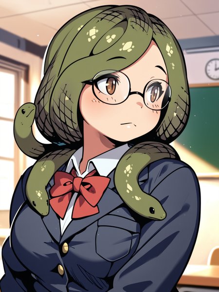 <lora:happy_tentacle-sanjimerisa-v0.3:1>, ht_sanjimerisa, glasses, snake hair, tentacle hair, prehensile hair, medium breasts, brown eyes, green hair, plump , raised eyebrows, indoors, classroom, school uniform upper body, 1girl, (petite:1.2), solo focus, (looking away:1.1), , (depth of field:0.8), , score_9, score_8_up, score_7_up, score_6_up, score_5_up, score_4_up