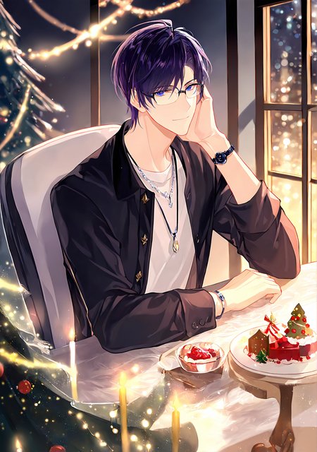 masterpiece,best quality,<lora:fat-noob05:1>,
lovebrush chronicles, clarence clayden, 1boy, male focus, table, glasses, food, cake, blue eyes, solo, jewelry, looking at viewer, jacket, necklace, watch, sitting, smile, short hair, indoors, black jacket, purple hair, closed mouth, hand on own face, white shirt, wristwatch, candle, ring, window, christmas, long sleeves, shirt, black hair, hand on own cheek, gift, bangs, christmas tree, chair