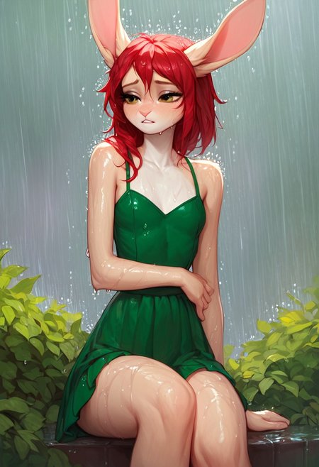 score_9, score_8_up, score_7_up, score_6_up, score_5_up, (flat colored: 1.2), fluffy body, (2d style:0.8), solo, anthro rabbit female, beige fur, skinny, red hair, focus on face,  clothes, sautumn, falling leaves, green dress, wet, rain, umbrella, sad