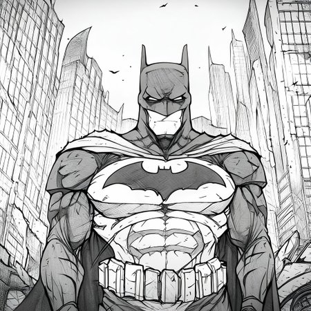 Evang, Batman standing in a destroyed city street with torn clothing, scars, scratches, battle damaged suits, tactical armor, muscular, menacing look, Batmobile to the left in the background