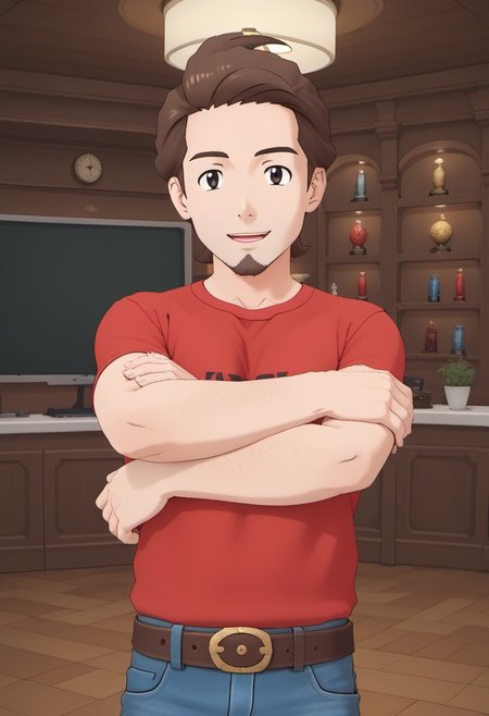 score_9, score_8_up, SFW, ultra hd, absurdres, best quality, masterpiece, masculine, solo, 1male, male focus, best anatomy, best eyes, best hands, hand with five fingers, mature male,
Paul Kimple, brown hair, brown beard, black eyes, red t-shirt, brown belt, blue jeans, ski lodge, inside, interior, standing, crossed arms, standing, full body shot, anime, source_anime, anime eyes, open eyes, happy, smiling,