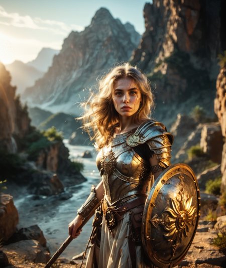 score_9, score_8, score_8_up, source_real, rating_safe, epic cinematic shot of a fierce female greek warrior holding a spear and a shield, standing on a rocky desert cliff edge at twilight. Her intricately designed armor, adorned with runes and battle scars, glistens in the fading golden light. Her long, flowing silver hair catches the wind as she strikes a powerful, poised stance. The spear, etched with ancient symbols, is held firmly in her right hand, while her left hand grips a massive shield decorated with an elaborate crest. Behind her, a dramatic desert landscape unfolds, featuring jagged mountains and a turbulent sky. The scene exudes intensity and determination, with her piercing gaze fixed on the horizon, ready to face whatever comes. The background captures a vast, mystical world filled with adventure and danger, trending on ArtStation.
 <lora:Pony_Weapon_Spear_and_Shield_-_By_HailoKnight:0.6>, OverallDetailXL, skindetailpxl, zPDXLrl, <lora:43stl1ght1ngXLP2:0.5>, dramatic lighting,  <lora:wreal_consolidated:0.8>