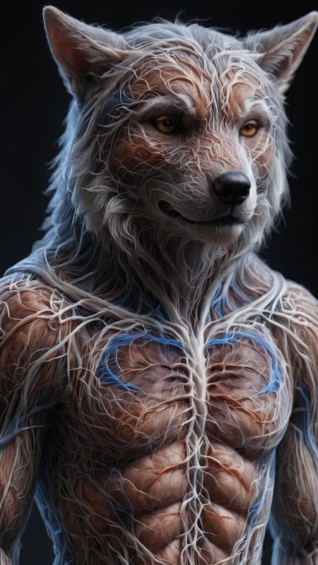 Renaissance style (yamer_veins, veins, guro), anthropomorphic, wolf, x-ray, xray, fur, furry, male, detailed tail, detailed fur, detailed face, perfect face, perfectly rendered face, correct eyes, brown eyes, brown hair, brown fur, hairstyles, detailed muzzle, detailed mouth, detailed fur, five fingers, proper hands, proper shading, proper lighting, detailed, detailed background, detailed foreground, solo focus, detailed character(s), high quality, (high res), hoodie, headshot, portrait, smile, closed eyes, closed eyed smile, <lora:Veins_XL:1> <lora:Yamer_X-RAY:1>, Realistic, perspective, light and shadow, religious or mythological themes, highly detailed