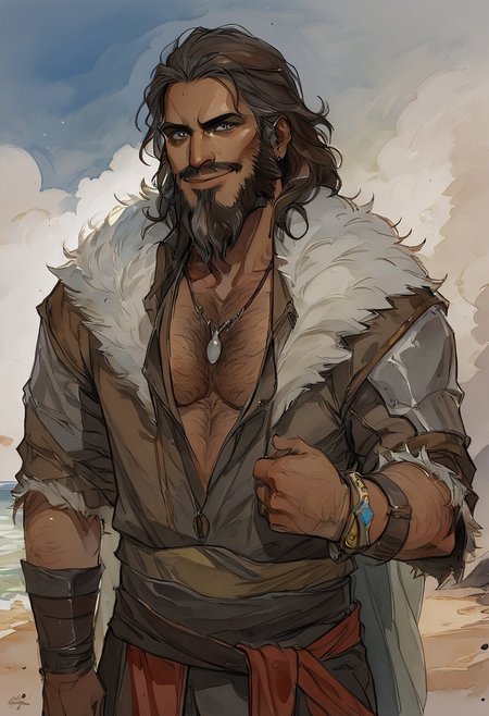 score_9, score_8_up, 1boy, IfanBM, mature male, tan skin, facial hair, muscular, ((beard)), (brown hair, grey streaks), ((fantasy style clothing, fur-trim)), (beach paradise), watercolor \(medium\), traditional media, hairy chest, very hairy, (looking at viewer flustered), dutch angle, Expressiveh, smirk, lips slightly apart, sexy posing, ((fantasy clothing)), jewelry, manly, necklace, bracelet, dynamic pose,