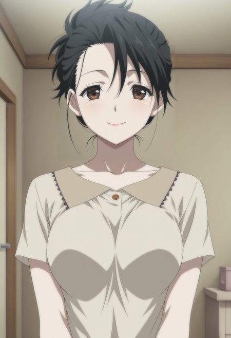 1girl,solo,mm,mature female,black hair,brown eye,medium breasts,anime coloring,
shirt,upper body,looking at viewer,smile,indoors
,masterpiece,best quality,amazing quality,<lora:Kiyoura_Mai-SHINY_DAYS:0.8>