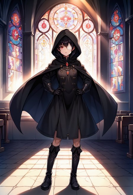 score_9, score_8_up, score_7_up, source_anime, 1girl, solo, looking at viewer, mskr, black hair, short hair, small breasts, wizard, (ornate clothes), black dress, hood, hood up, (jewelry:1.2), (gem:1.1), indoors, church, sunlight, light rays, (light particles), hands on hips, full body, red eyes, eyepatch, long dress, black cloak, gloves, boots, stained glass, window, backlighting, parted lips