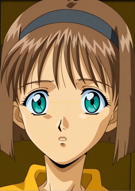 1990s (style),anime coloring,anime screencap,looking at viewer,dutch angle,<lora:Tomoko_Kitazawa_Illustrious_from_Immoral_Sisters (1):1>,tomoko,brown hiar,short hair,portrait, schooluniform