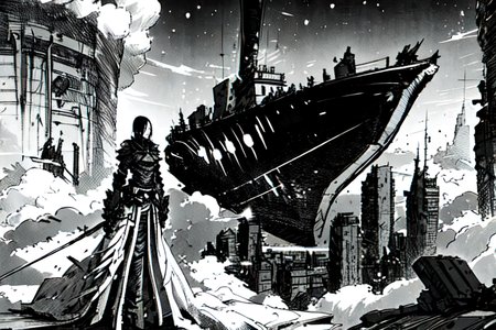 highly insanely detailed, masterpiece, top quality, best quality, highres, 4k, 8k, RAW photo, (very aesthetic, beautiful and aesthetic),  
tsutomu nihei,nihei_tsutomu,blame!,blame gakuen!,abara,TNstyle,sidonia_no_kishi,(hangar,mausoleum,stairs,giant room,city ruins,sidonia \(ship\),lab,megastructure in background,space,spacecraft,tunnel),star \(sky\),starry sky,buildings,tentacles,light particles,fog,walkway,cables,tubes,industrial pipes, 
<lora:ABARA:1>, 
(1girl:1.3), 
solo focus, 
cloud city,cloudtop sky-city,âââ