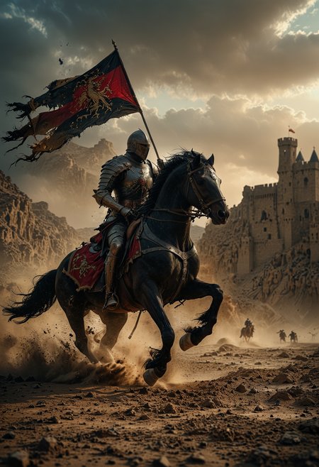 dramatic and intense scene, a valiant knight in full armor charging forward on a powerful black horse across a dusty battlefield, the knight holding a tattered black flag emblazoned with a royal crest, In the background a medieval castle looms against the barren, rocky landscape, high stakes and fierce conflict, Dust billows around the charging horse, emphasizing the speed and urgency of the scene, <lora:MJ52:0.6>, <lora:EpicF4nta5yXL:0.8>, <lora:add-detail-xl:1>, <lora:zavy-cntrst-sdxl:1>