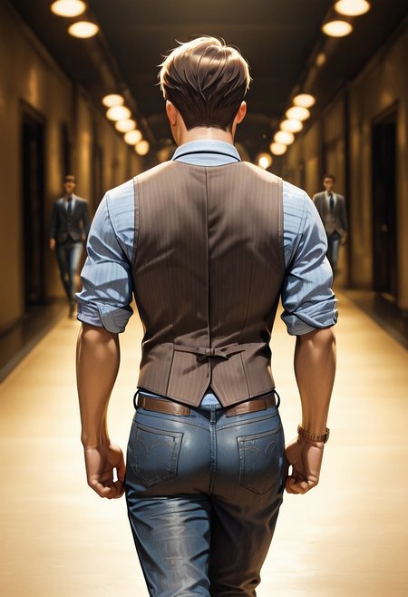 from back,
[正面+キャラ名:99],
1boy,solo,
[品質タグ:99],
masterpiece,perfect quality,best quality,amazing quality,absolutely eye-catching,
[身体特徴:99],
muscle,brown hair,
[服装:99],
collared shirt,vest,jeans,necktie,wristwatch,sleeves rolled up, 
[﷿ーズと解剖学的詳細:99],
walking,
[環境・背景:99],
cowboy shot,
dynamic lighting,cinematic lighting, professional lighting, 
[追加の品質/スタイルタグ:99],