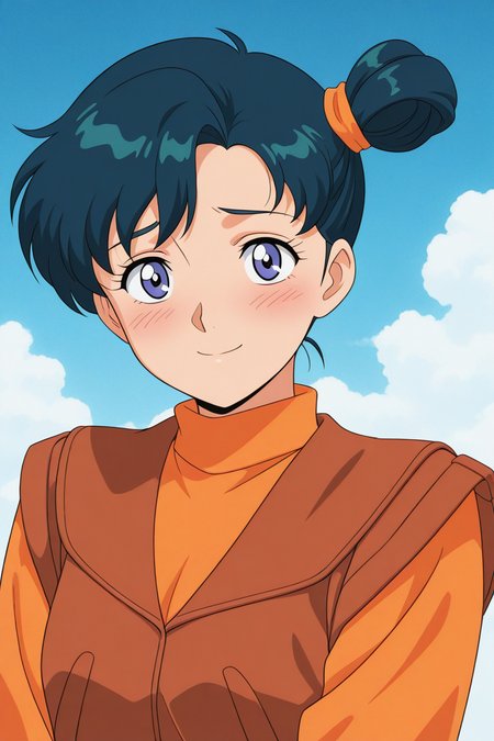 masterpiece, best quality, source_anime,official art,perfect_anatomy,retro_artstyle, 1girl,Martina,blue hair,short hair,side ponytail,hair bun,vest,turtleneck,(beautiful detailed face,looking_at_viewer,shy,blush,smile,in heart),upper body,day,blue_sky,cloud