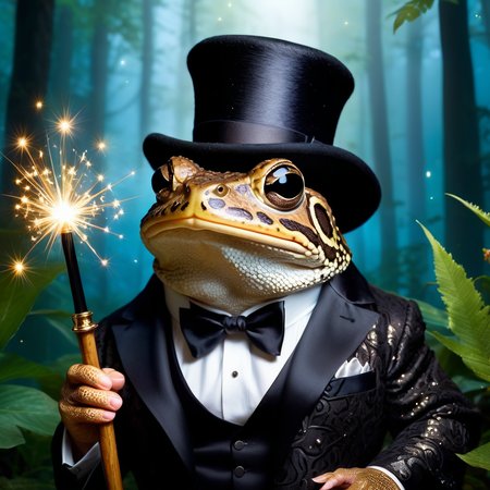Fantasy Portrait photo of a cane toad wearing a black top-hat and holding a black magic wand with a white tip is preforming magic tricks, their eyes ablaze with mystical sparks, surrounded by a menagerie of enchanted creatures, conjuring a cascade of sparkling stars with a wave of their paw, captured in a close-up shot, revealing intricate details of their ancient, ornate robes, within a moonlit forest glade where fireflies dance in the air, illuminated by soft, ethereal moonlight that enhances the magical atmosphere, shot from a low angle, emphasizing the magician's commanding presence, using a high-resolution camera to capture every intricate fur strand and glimmering particle, in the style of Aubrey L. Beardsley.