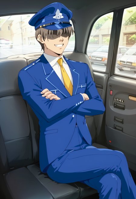score 9, score 8 up, score 7 up, source anime, high-res image, nsfw,
<lora:FakeTaxiMeme_XLPD:0.5> fake taxi, car interior,
<lora:Kojin_Taxi_style_ForPony:1.0> 1man, uniform, blue uniform, hat, 
(faceless male, shaded face:1.2), wicked smile, evil, teeth,
crossed arms, crossed legs,
(masterpiece), best quality, extremely detailed, ultra-detailed, nsfw,
official art, extremely detailed CG unity 8k wallpaper, perfect lighting, cinematic lighting,
