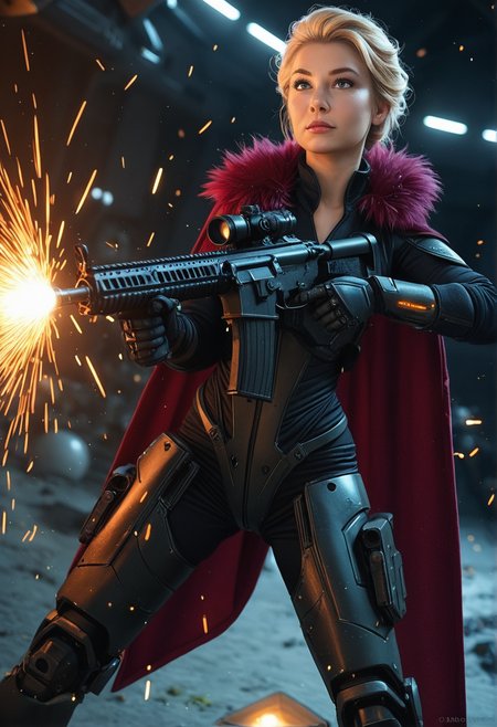 photorealistic, real aesthetic, masterpiece, high quality, 1girl, Elsa, mech woman, wires, sparks, robotic components, assault rifle, action shot, outerspace background, shallow depth of field, detailed background, dynamic angle, volumetric lighting, high resolution