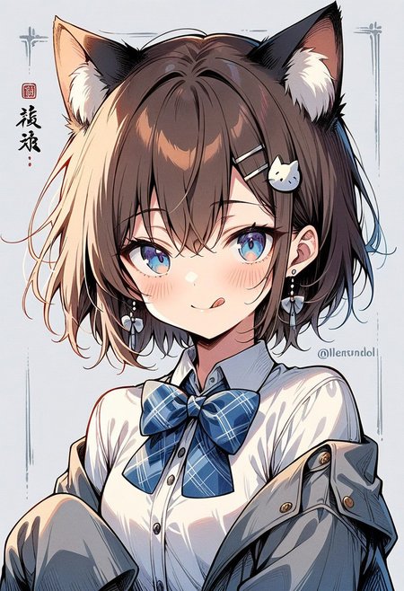 ((masterpiece, best quality, illustration)), Chinese ink painting, 1girl, solo, looking at viewer, blush, smile, short hair, bangs, blue eyes, simple background, brown hair, shirt, hair ornament, long sleeves, bow, animal ears, hair between eyes, jewelry, closed mouth, jacket, white shirt, upper body, earrings, tongue, hairclip, collared shirt, cat ears, hand up, tongue out, bowtie, grey background, off shoulder, twitter username, open jacket, animal ear fluff, sleeves past wrists, plaid, dress shirt, blue bow, sleeves past fingers, :q, grey jacket, plaid bow, cat hair ornament, grey bow