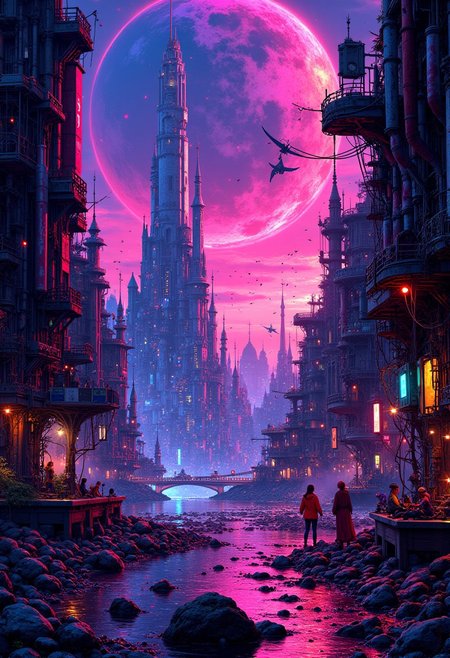 best quality, masterpiece, masterpiece, neon splash art of an alien cityscape, towers and skyscrapers, vibrant surreal colours, mythp0rt